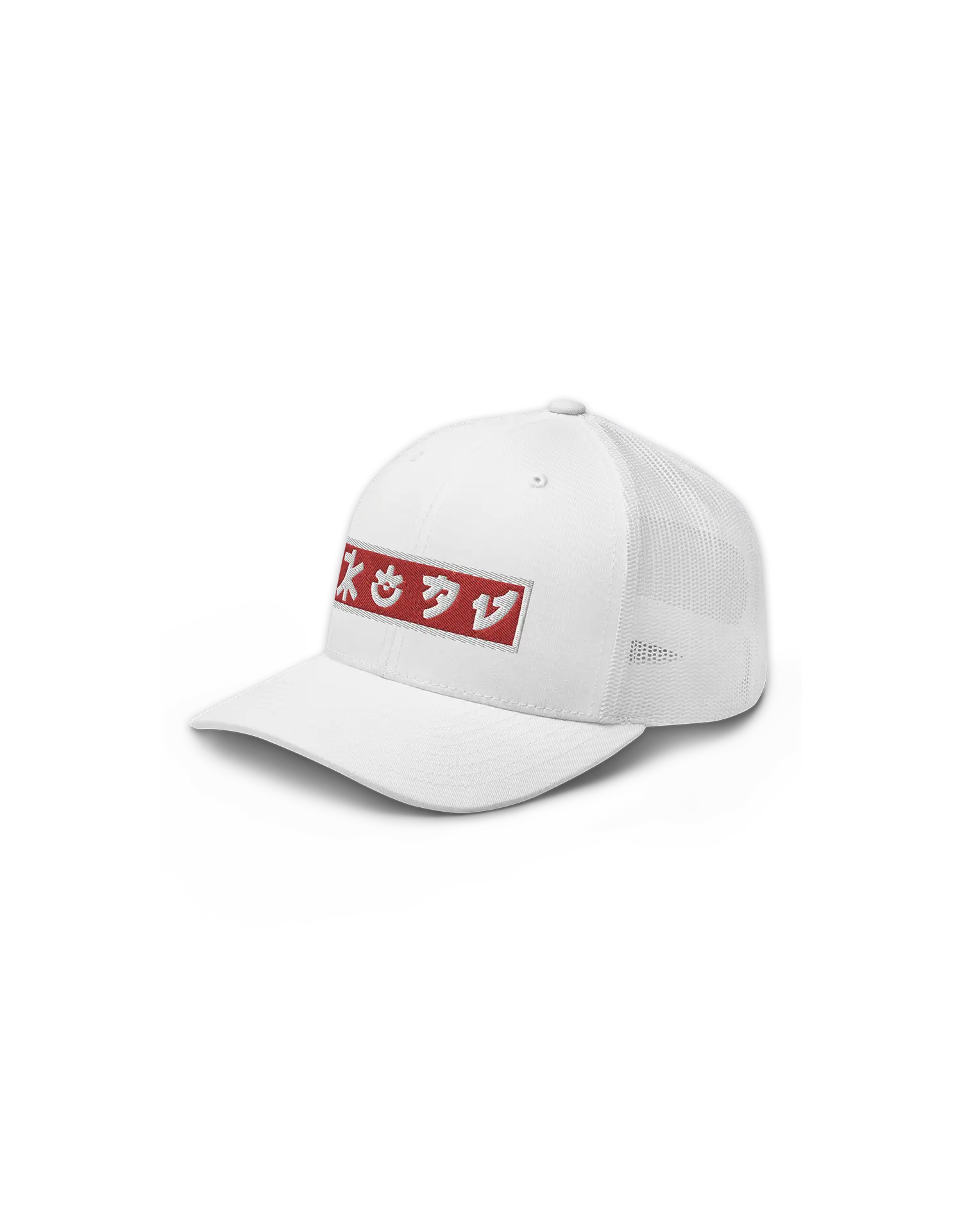 Red and White KOAV Retro Badge on a White Trucker Cap by KOAV