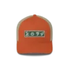 Green and White KOAV Retro Badge on a Rustic Orange Trucker Cap by KOAV
