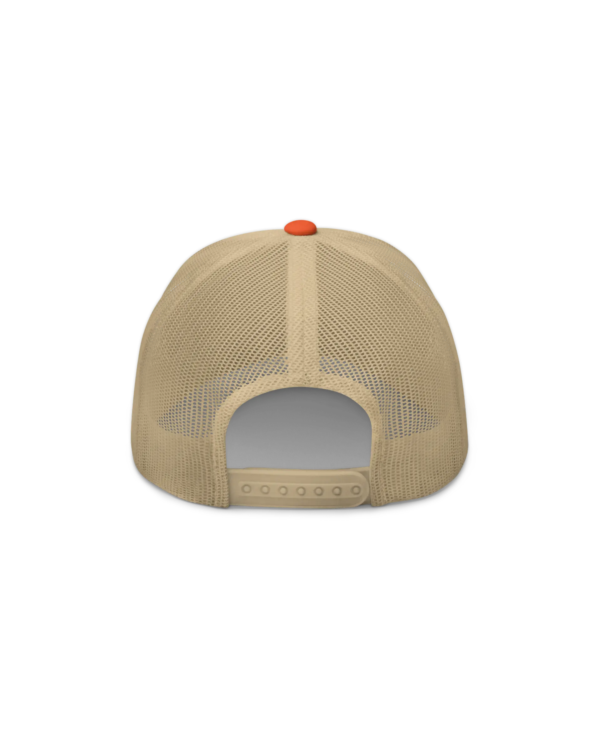 Back side view of the Crafted 6-panel KOAV Retro Badge  trucker cap in Orange with a  Khaki mesh back.  Featuring a retro KOAV word mark badge in orange and cobalt blue stitch embroidery on the front.