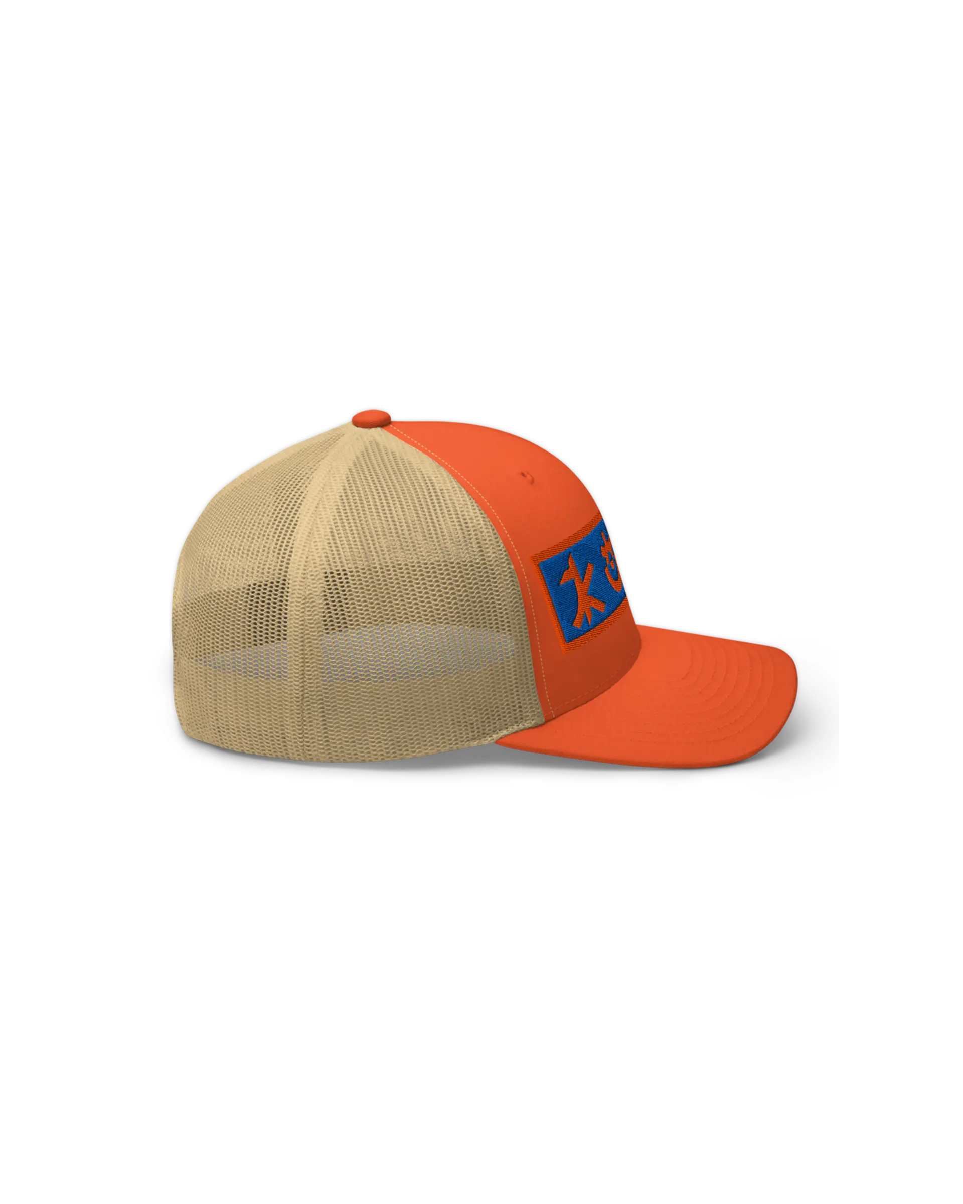 Right side view of the Crafted 6-panel KOAV Retro Badge  trucker cap in Orange with a  Khaki mesh back.  Featuring a retro KOAV word mark badge in orange and cobalt blue stitch embroidery on the front.