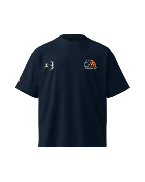 Front view of the Original Windsurfer t-shirt featuring a style'n 67 windsurfer stamp with the windsurfer club icons on the left and right chest.