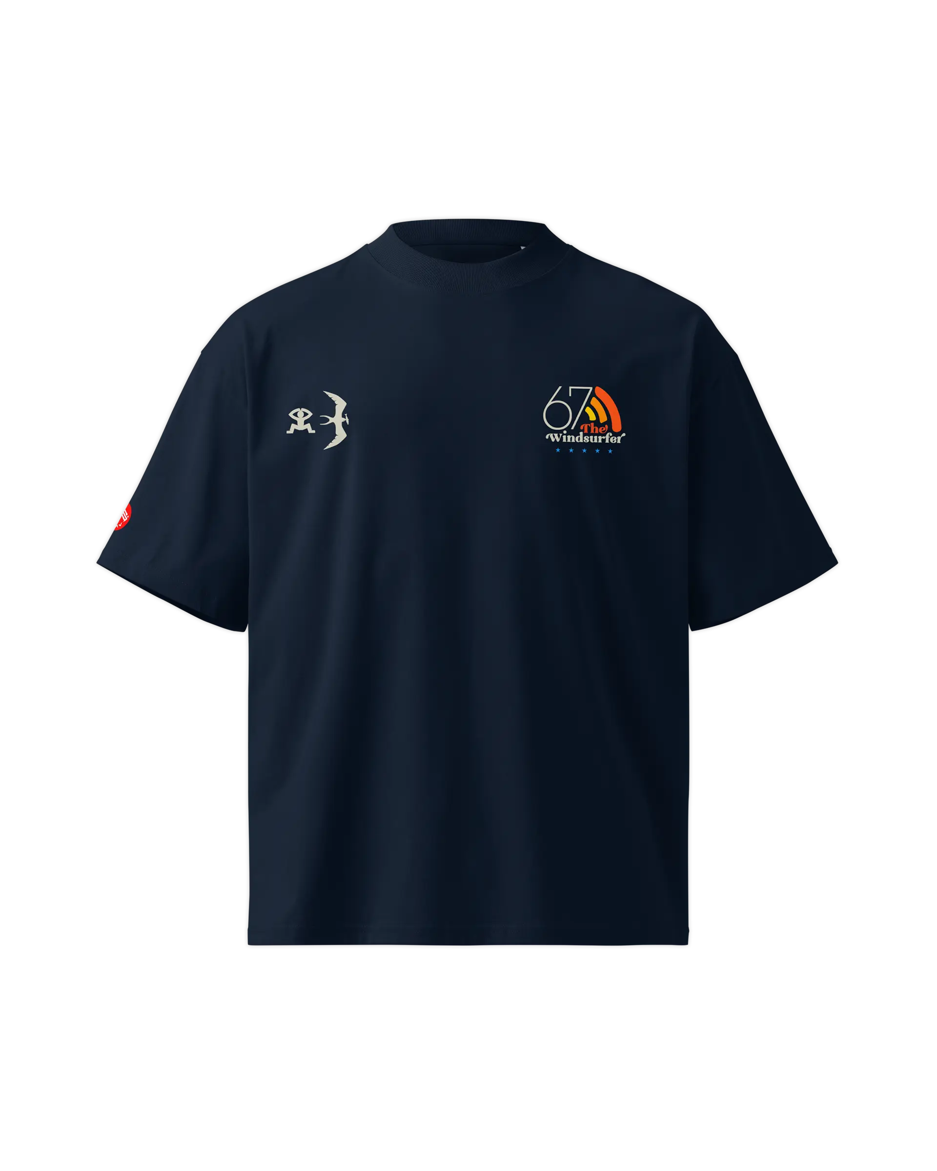 Front view of the Original Windsurfer t-shirt featuring a style'n 67 windsurfer stamp with the windsurfer club icons on the left and right chest.