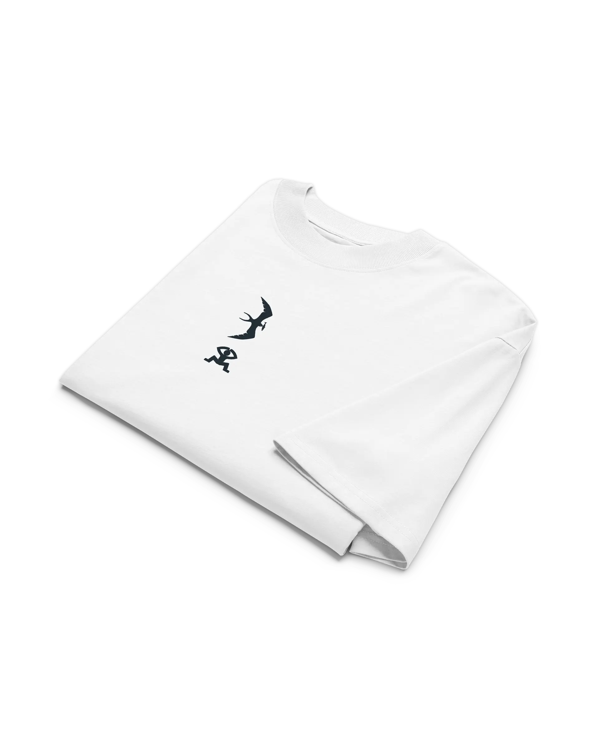 Folded front view of the Sea Bird t-shirt with a small black windsurfer club icons print at the centre of the chest.