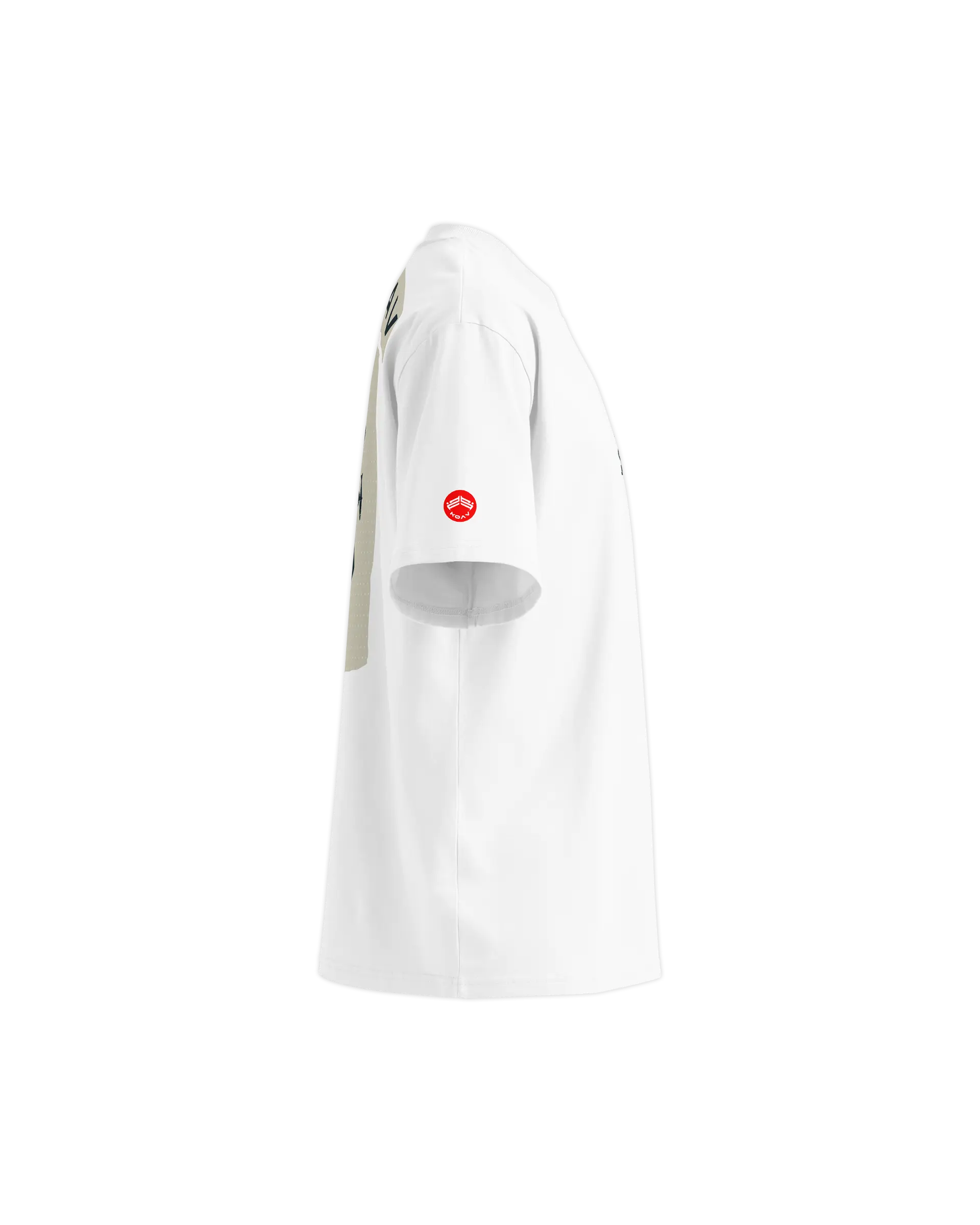 Right side view of the Sea Bird t-shirt showing the KOAV branding badge on the right sleeve.
