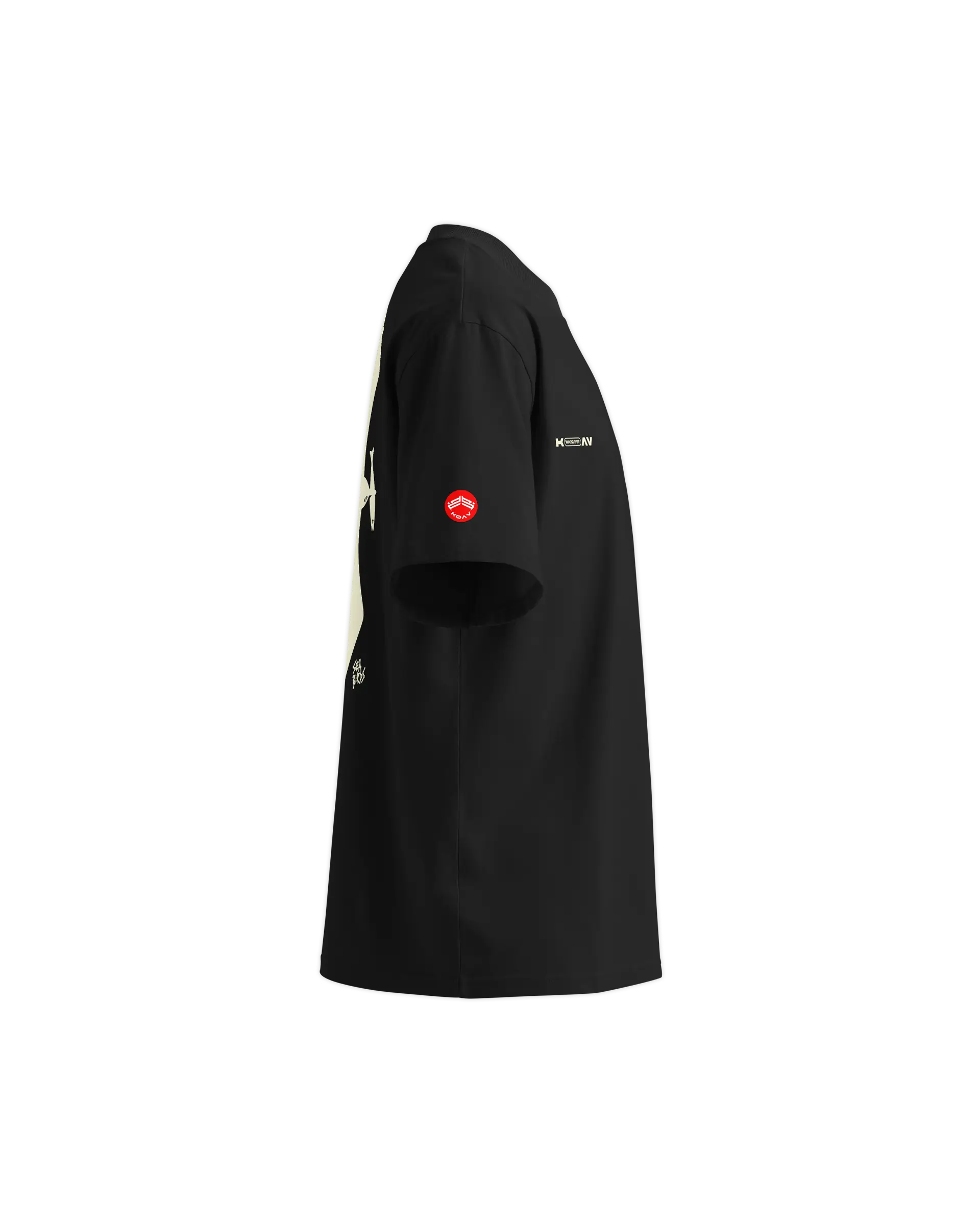Right side view of the Sea Birds t-shirt showing the KOAV branding badge on the right sleeve.