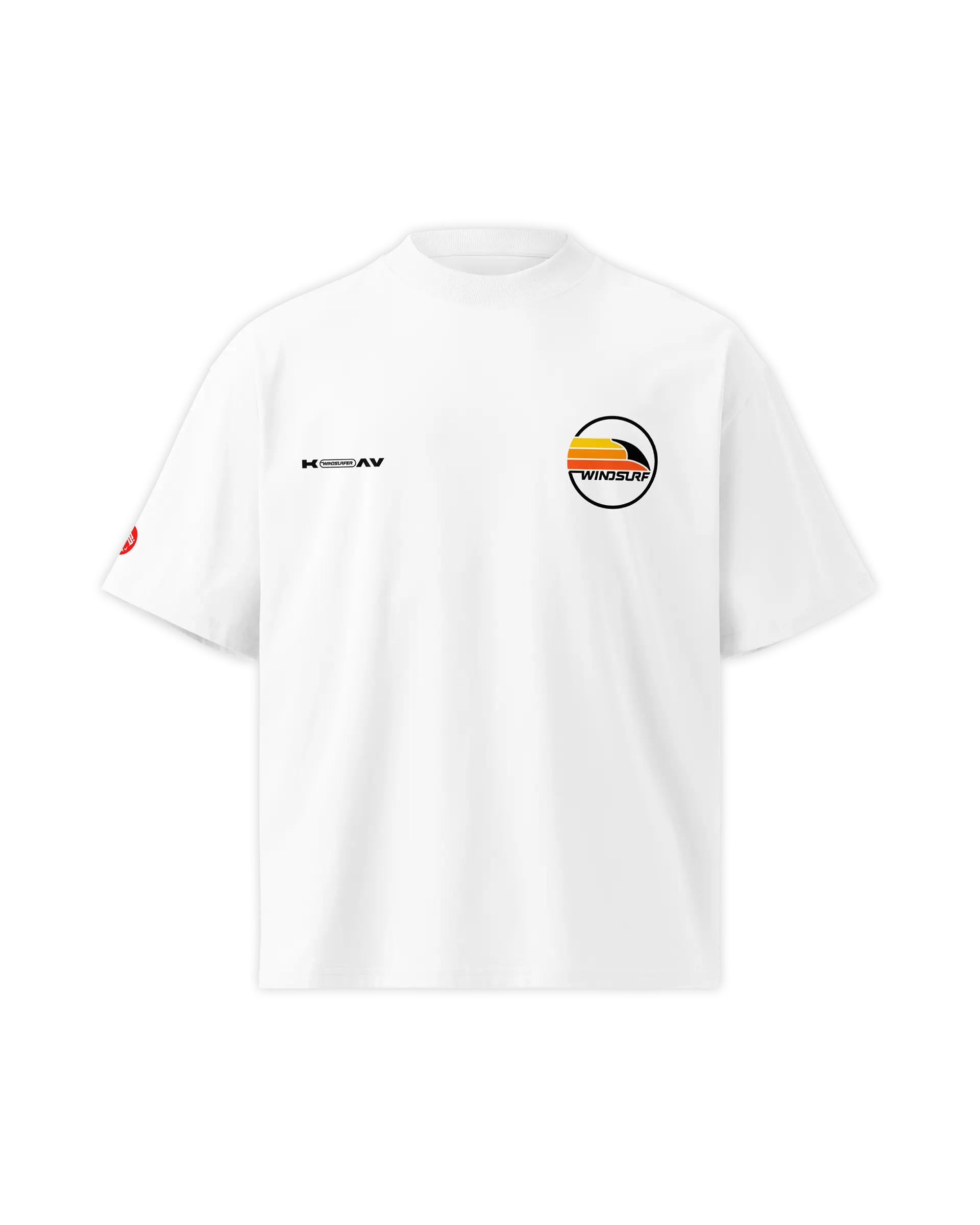 Front view of the Windsurf Logo t-shirt featuring windsurf logo and KOAV windsurfer branding on the left and right chest.