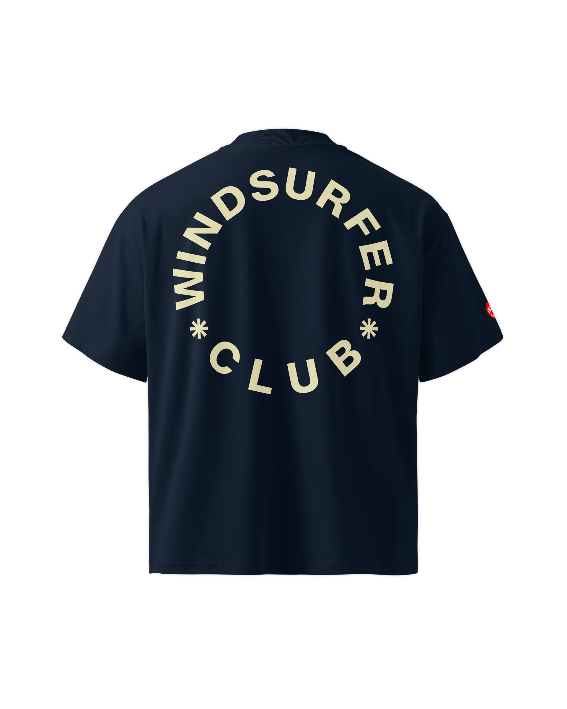 Back view of the Windsurfer Club Life t-shirt featuring a bold windsurfer club text stamp.