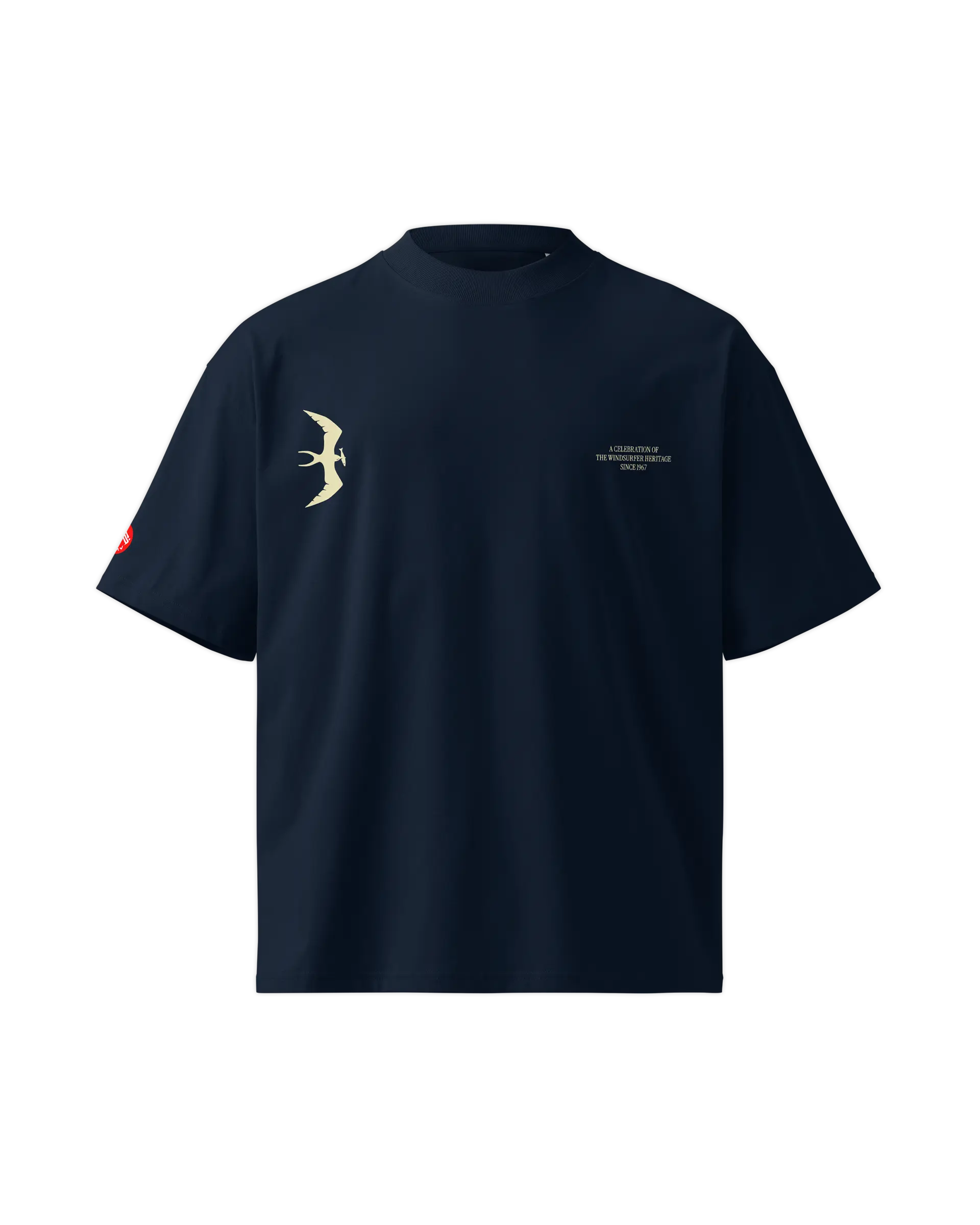 Front view of the Windsurfer Club Life t-shirt with a quiet front detail of the KOAV sea bird icon on the right ribcage and type lockup on the left side.