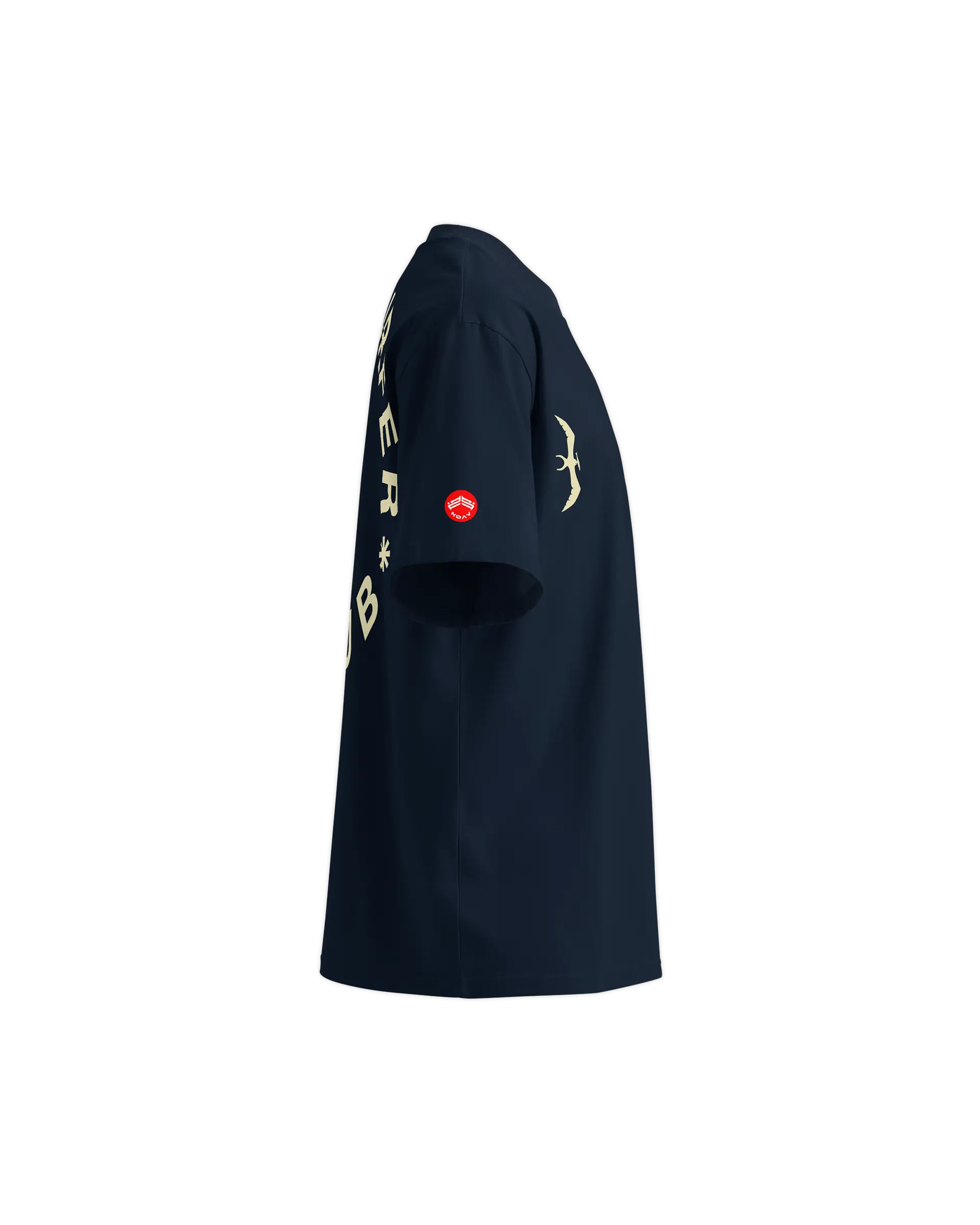 Right side view of the Windsurfer Club Life t-shirt showing the KOAV branding badge on the right sleeve.