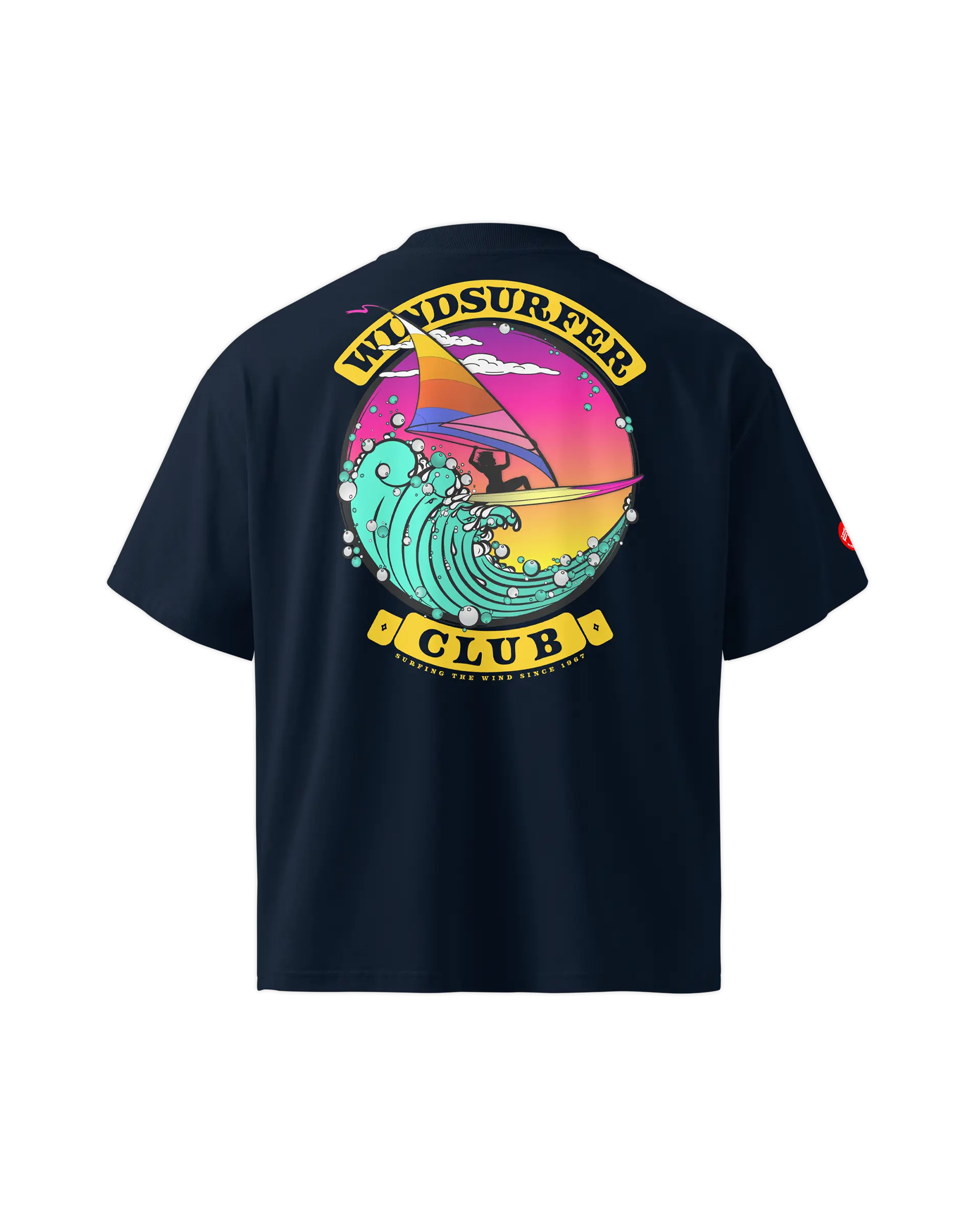 Back view of the Windsurfer Pioneer t-shirt featuring an original art wave sailing pioneer illustration.