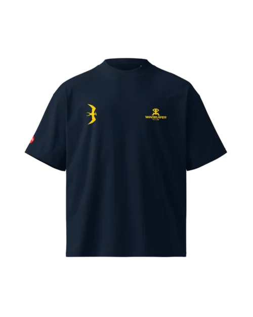 Front view of the Windsurfer Pioneer t-shirt featuring the windsurfer core club stamp on left chest stamp and the sea bird icon on right chest.