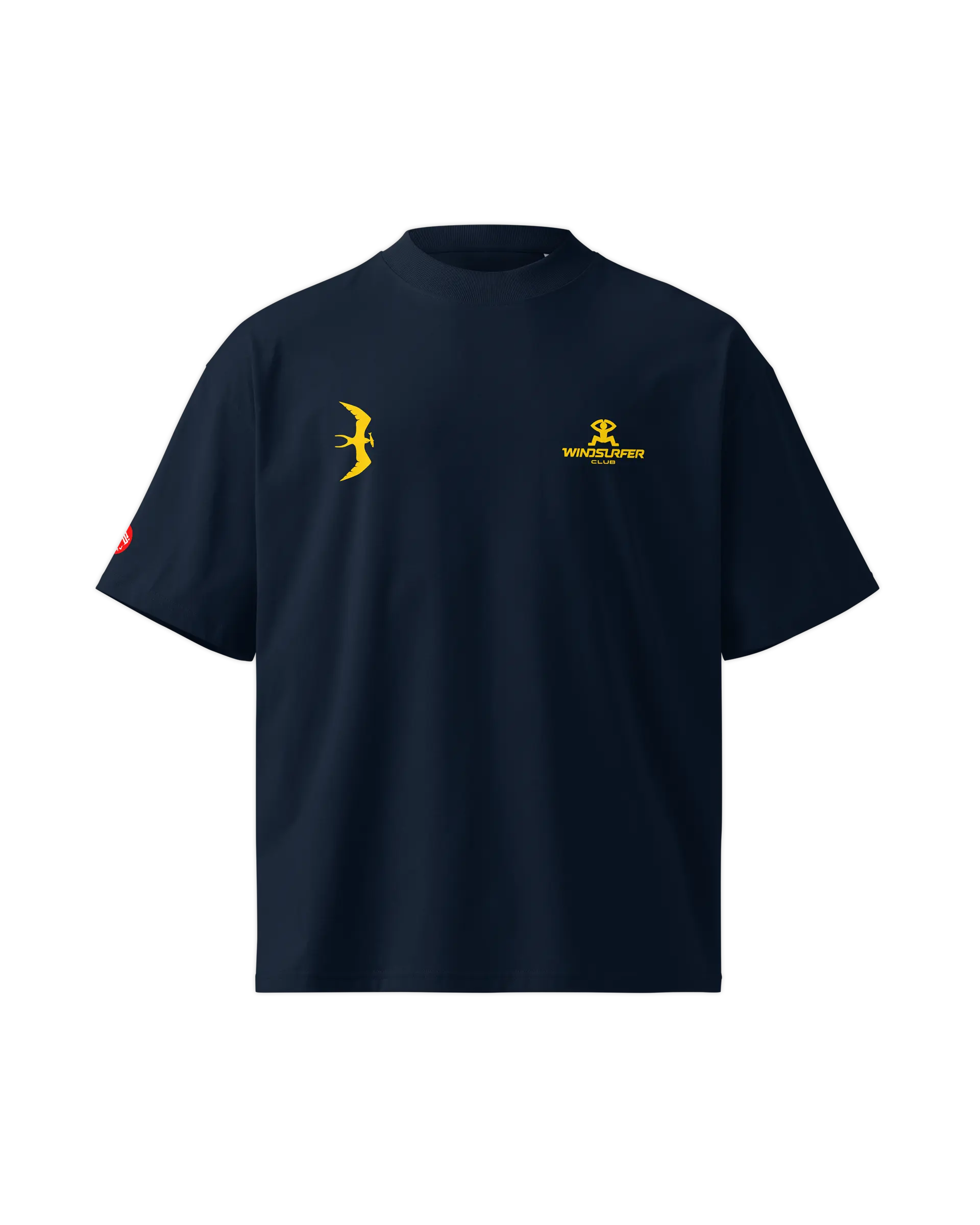 Front view of the Windsurfer Pioneer t-shirt featuring the windsurfer core club stamp on left chest stamp and the sea bird icon on right chest.