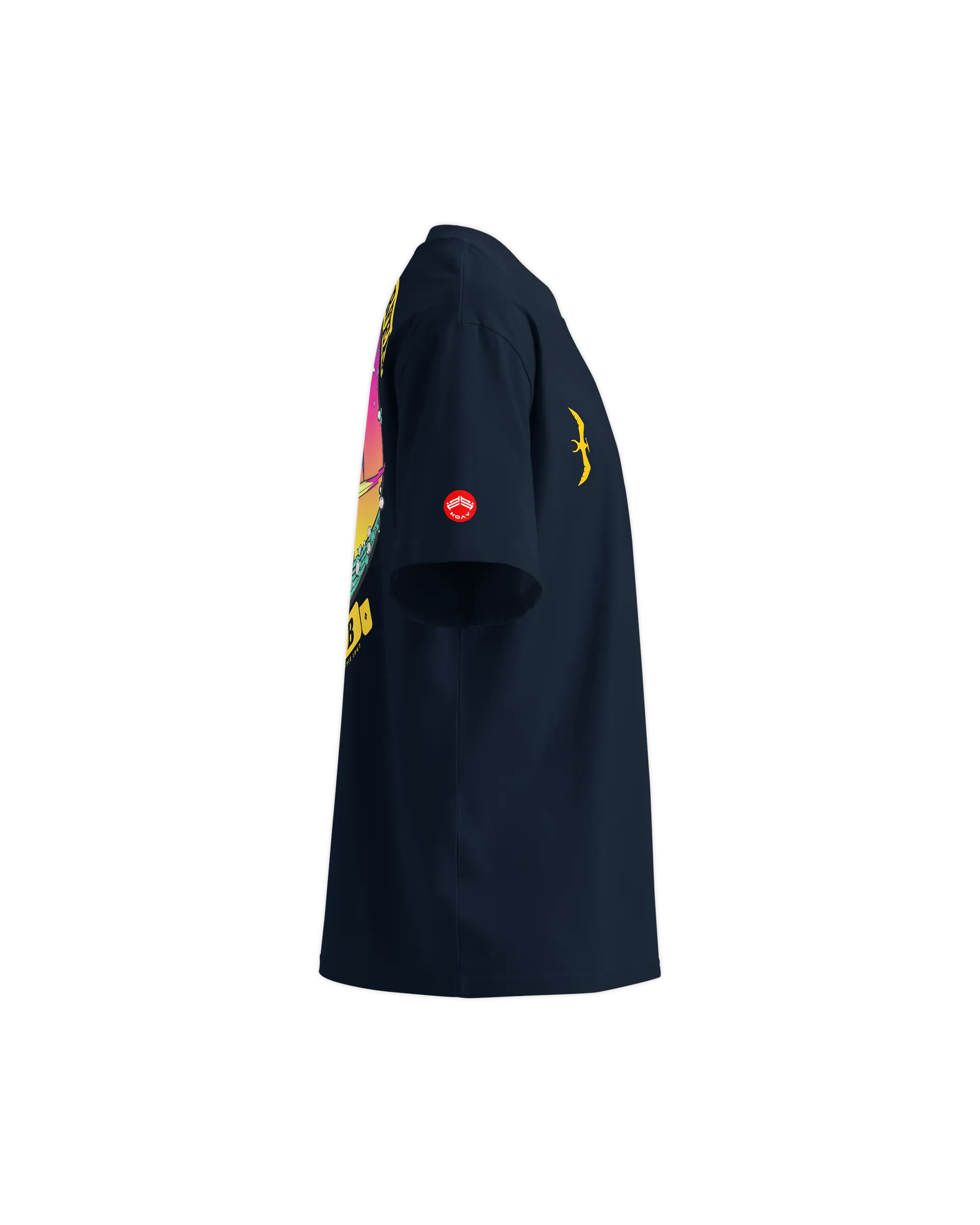 Right side view of the Windsurfer Pioneer t-shirt showing the KOAV branding badge on the right sleeve.