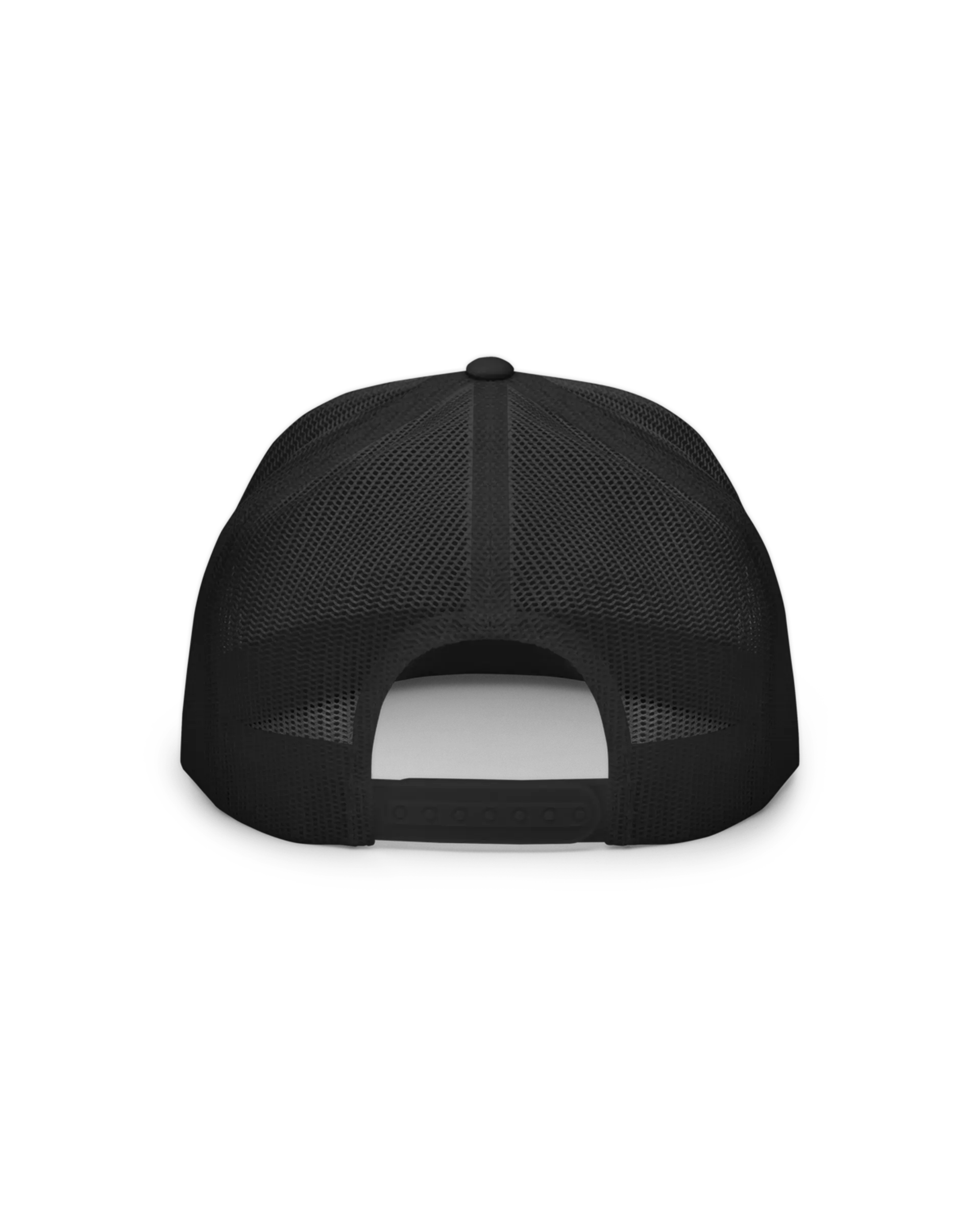 Back side view of the Black Flat Bill 5-panel Windsurf Trucker Cap with a mesh back and plastic adjustable closure