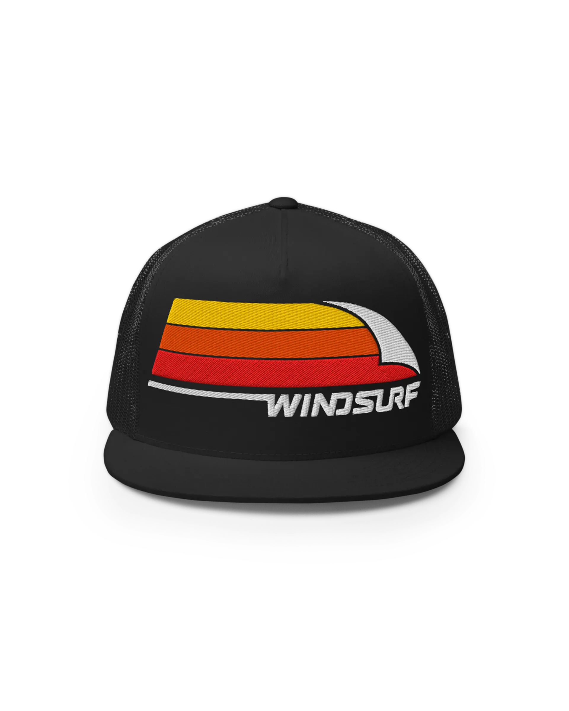 Front side view of the 5-panel Flat Bill Windsurf Trucker Cap featuring a bold Windsurf heritage three stripe graphic embroidery on the front.