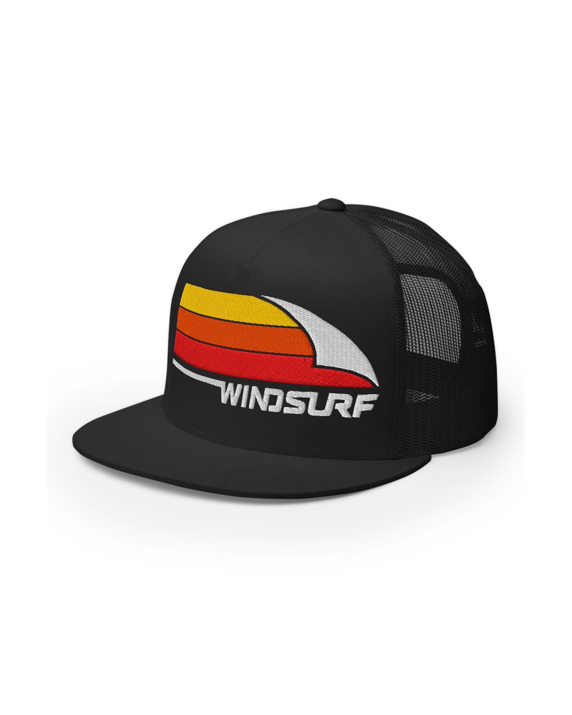 Front left side view of the 5-panel Flat Bill Windsurf Trucker Cap featuring a bold Windsurf heritage three stripe graphic embroidery on the front.