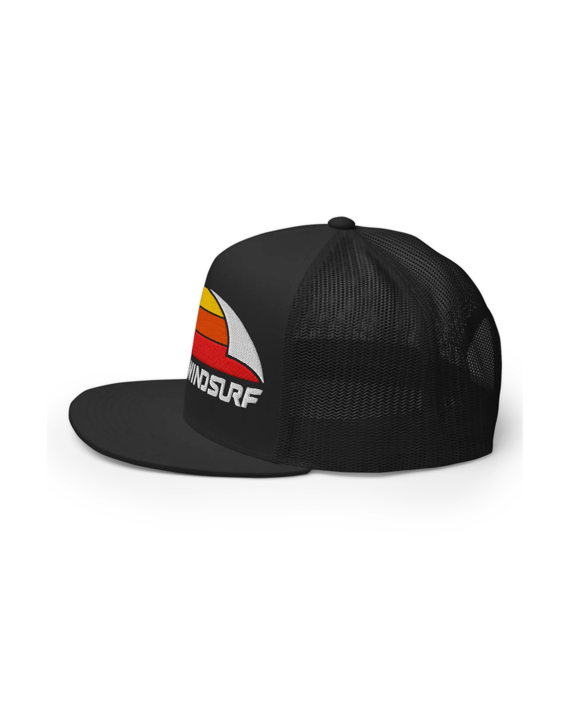 Left side view of the 5-panel Flat Bill Windsurf Trucker Cap featuring a bold Windsurf heritage three stripe graphic embroidery on the front.
