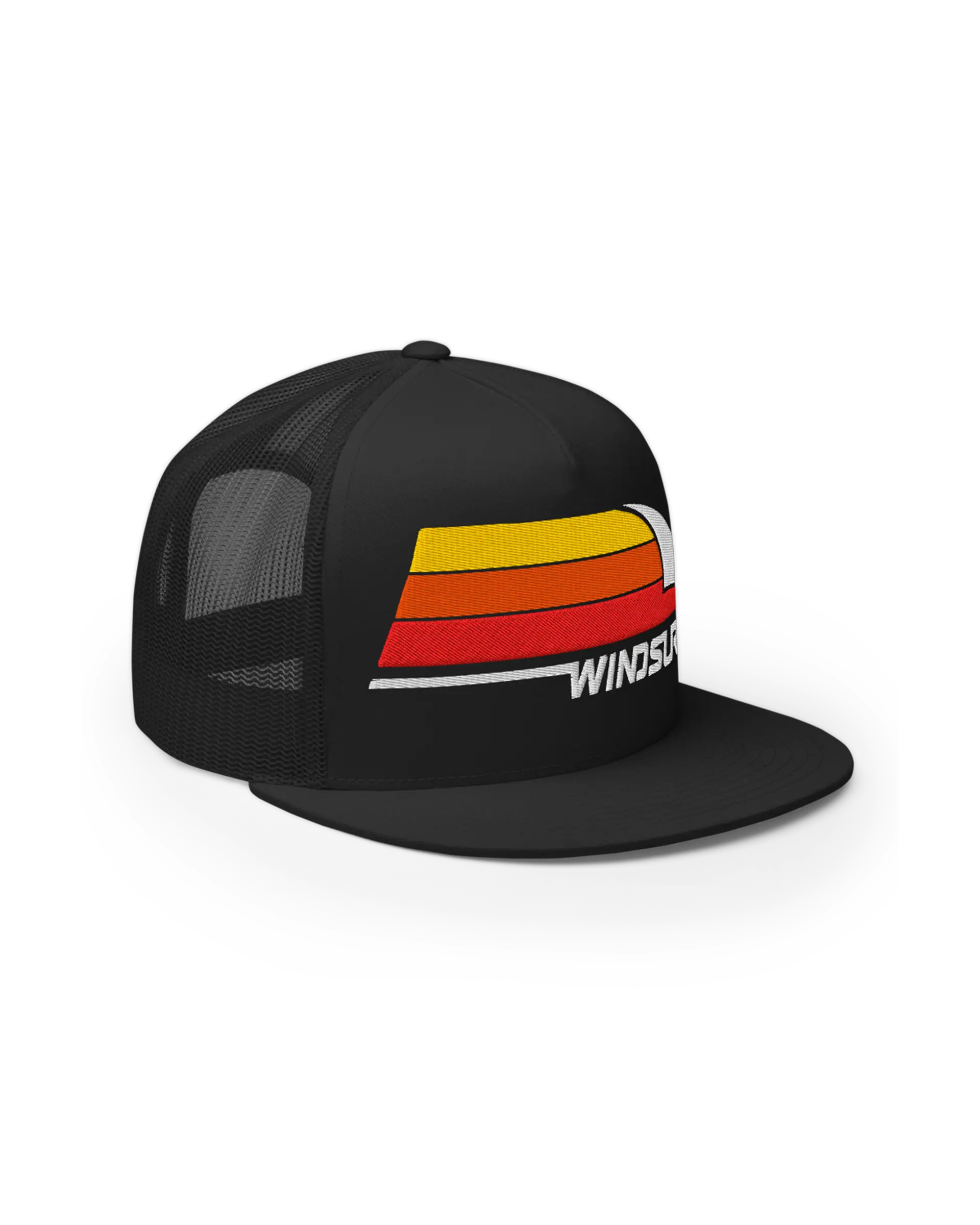 Front right side view of the 5-panel Flat Bill Windsurf Trucker Cap featuring a bold Windsurf heritage three stripe graphic embroidery on the front.