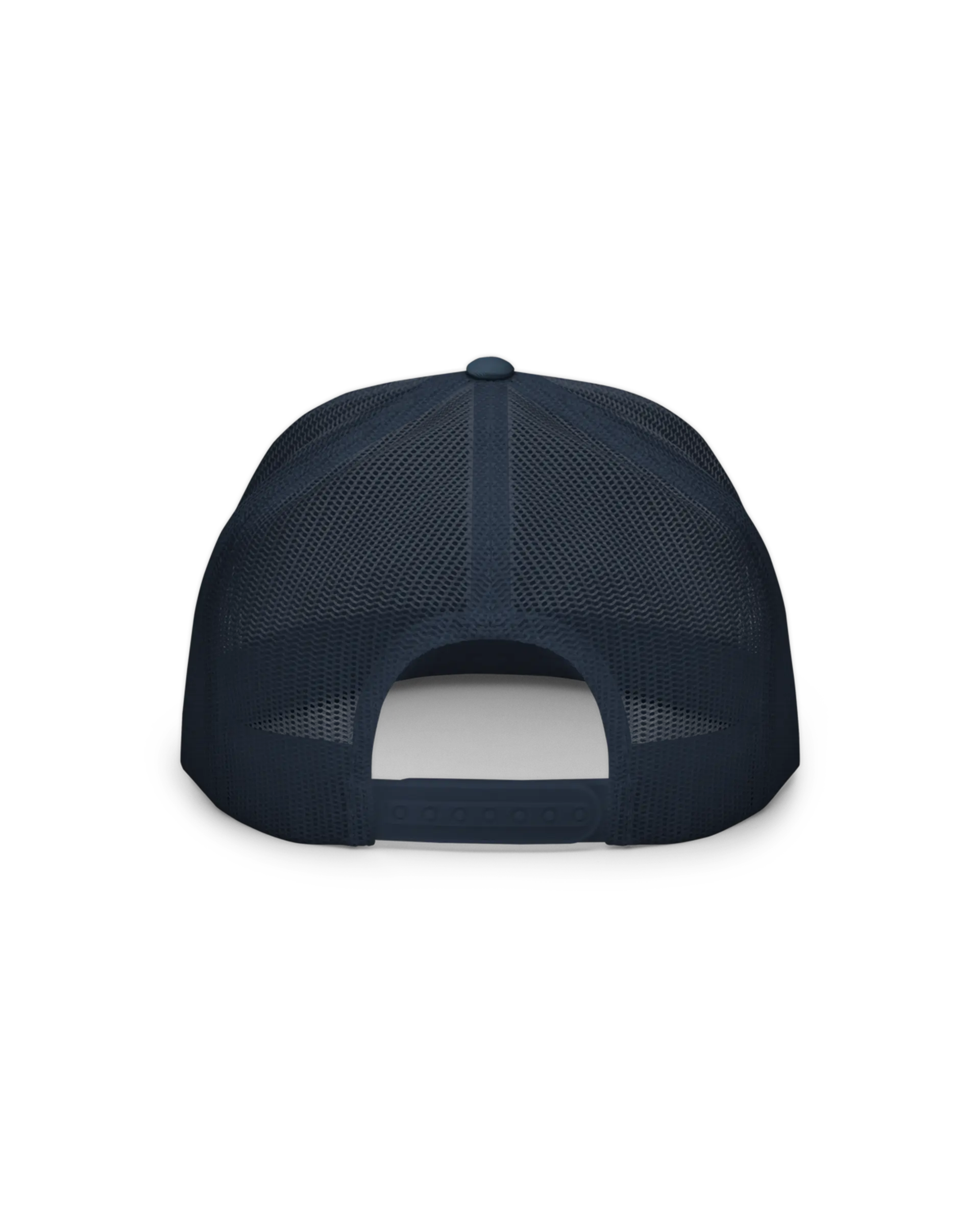Back side view of the Navy Flat Bill 5-panel Windsurf Trucker Cap with a mesh back and plastic adjustable closure