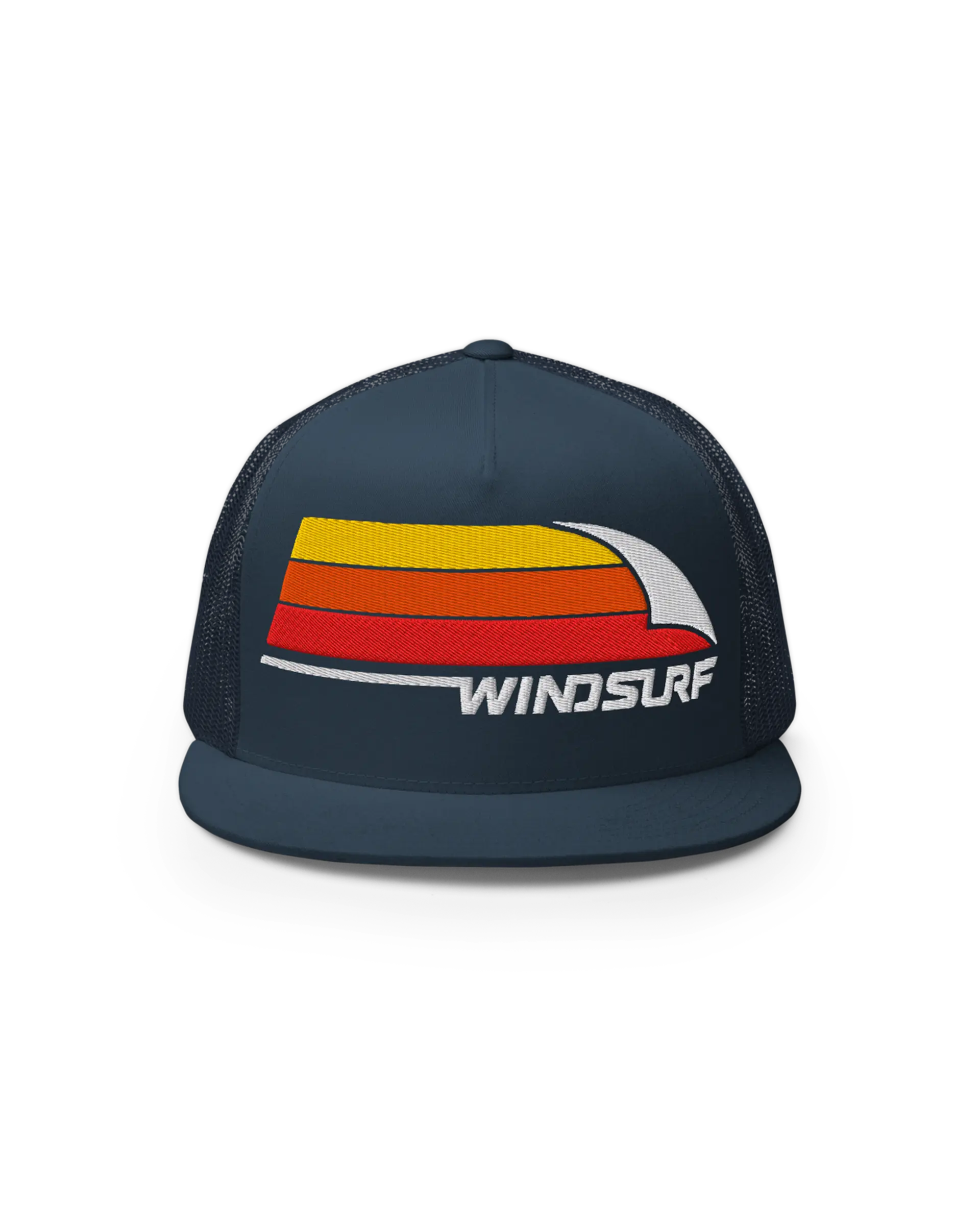 Front side view of the Navy 5-panel Flat Bill Windsurf Trucker Cap featuring a bold Windsurf heritage three stripe graphic embroidery on the front.
