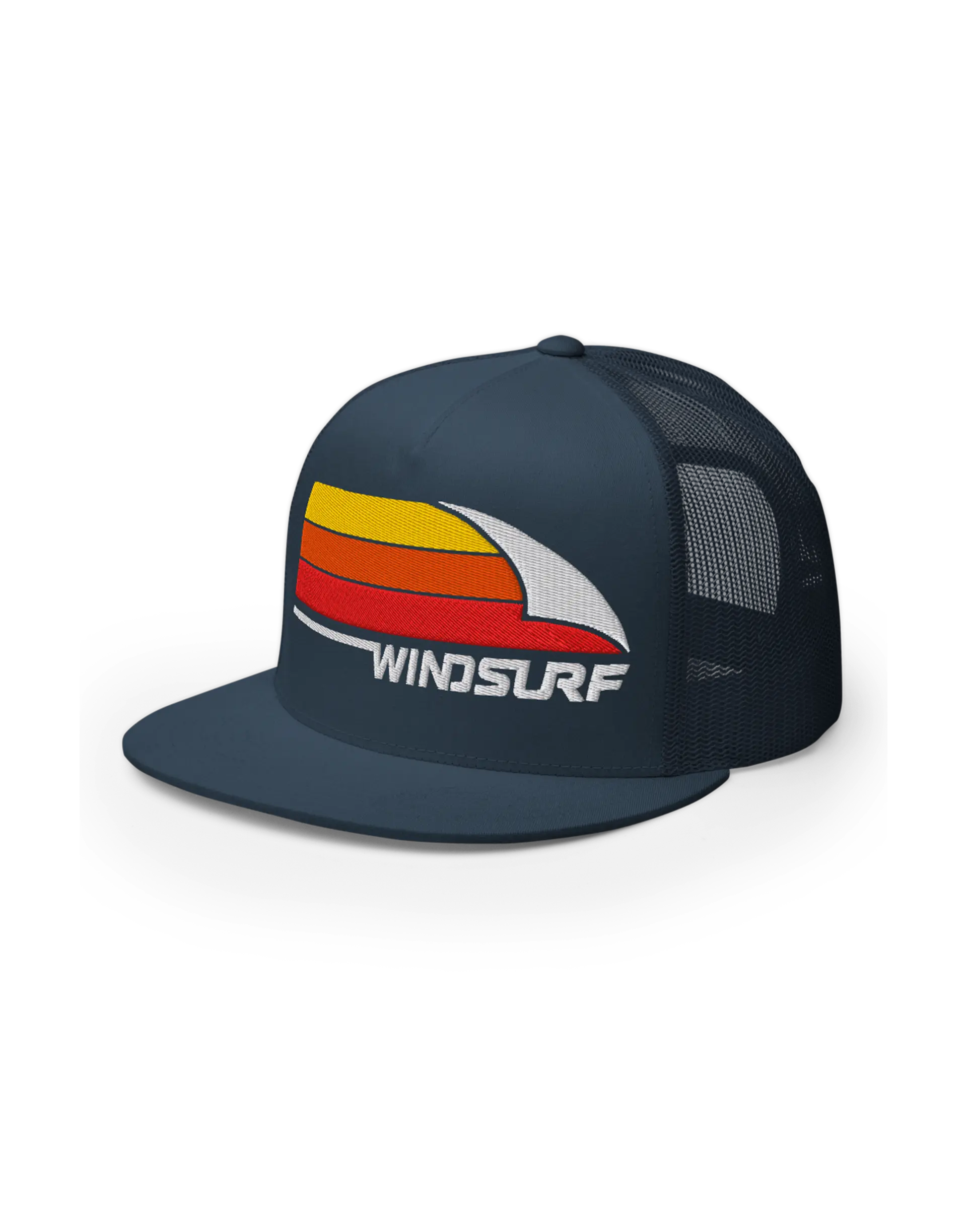 Left Front side view of the Navy 5-panel Flat Bill Windsurf Trucker Cap featuring a bold Windsurf heritage three stripe graphic embroidery on the front.