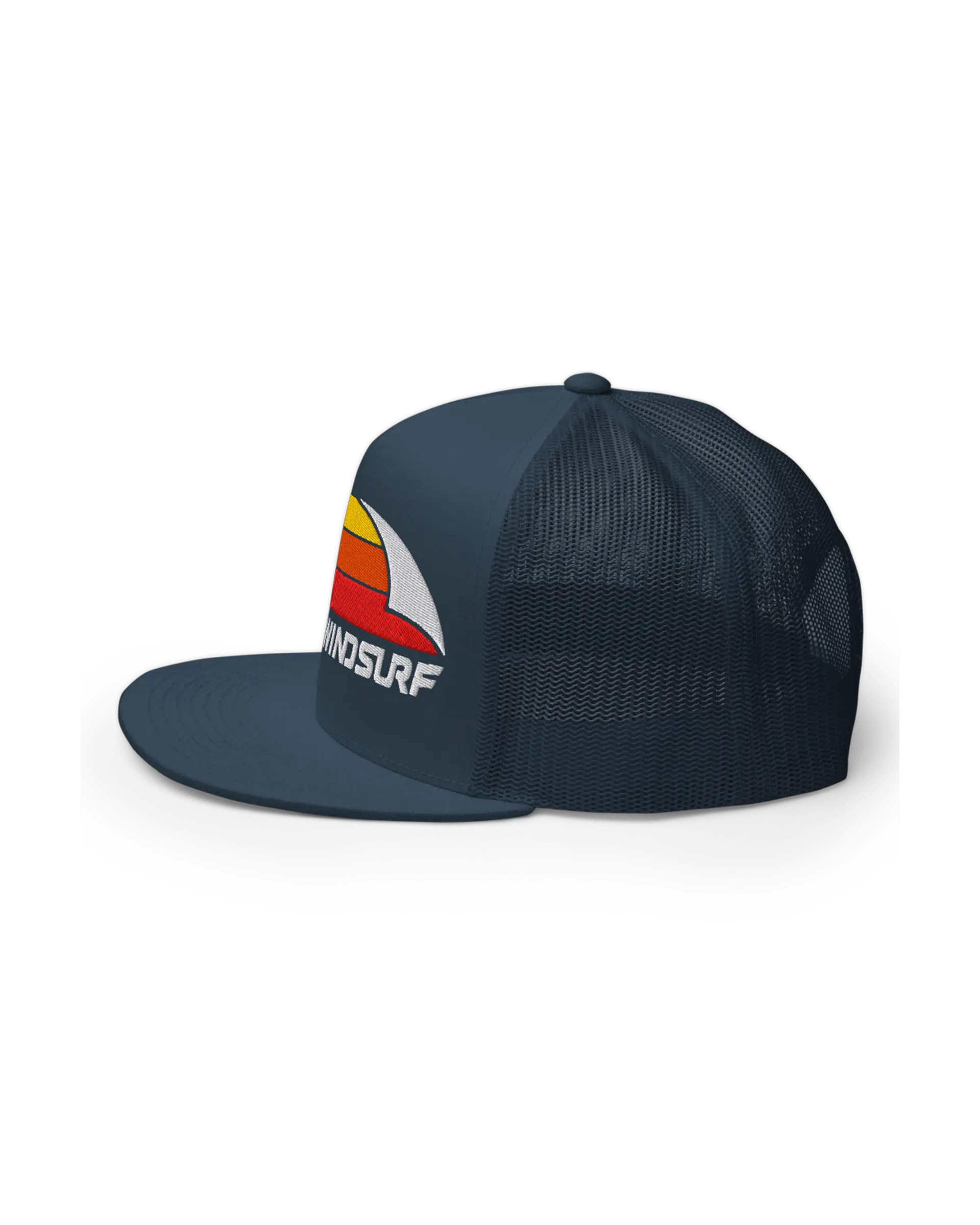 Left side view of the Navy 5-panel Flat Bill Windsurf Trucker Cap featuring a bold Windsurf heritage three stripe graphic embroidery on the front.