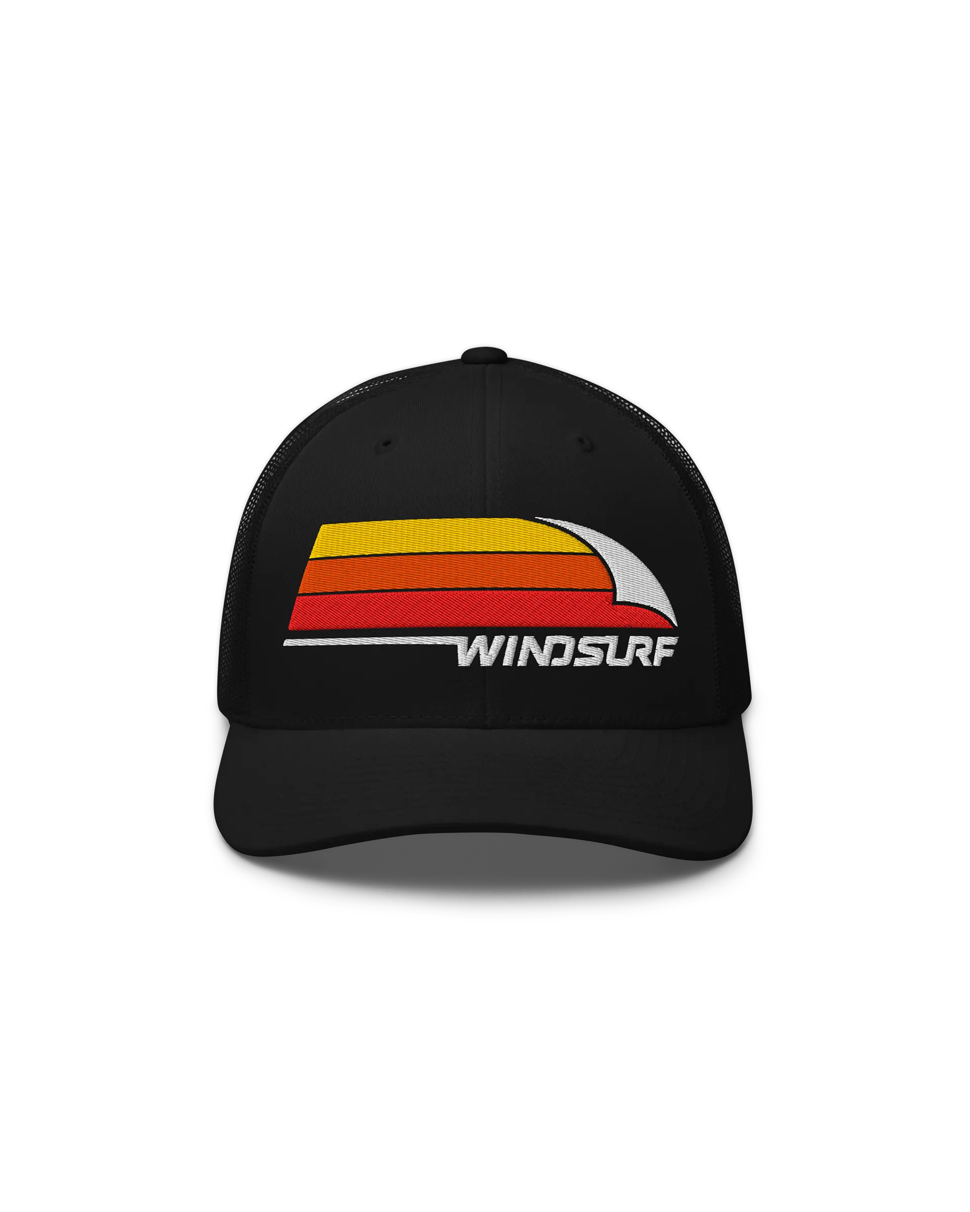 Front side view of the 6-panel Windsurf Trucker Cap featuring a bold Windsurf heritage graphic embroidery on the front.