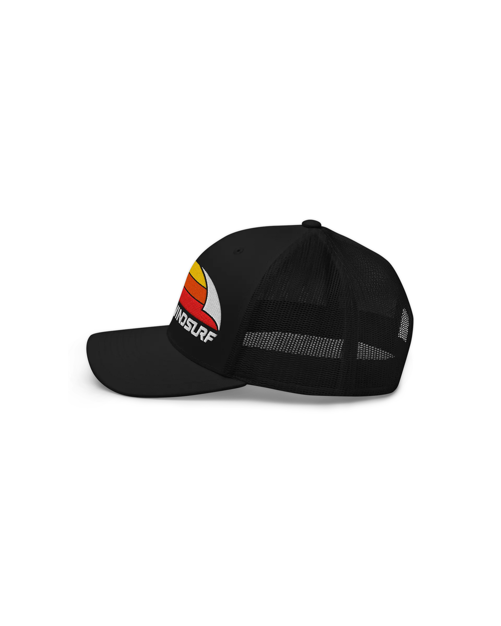 Left side view of the 6-panel Windsurf Trucker Cap featuring a bold Windsurf heritage graphic embroidery on the front.
