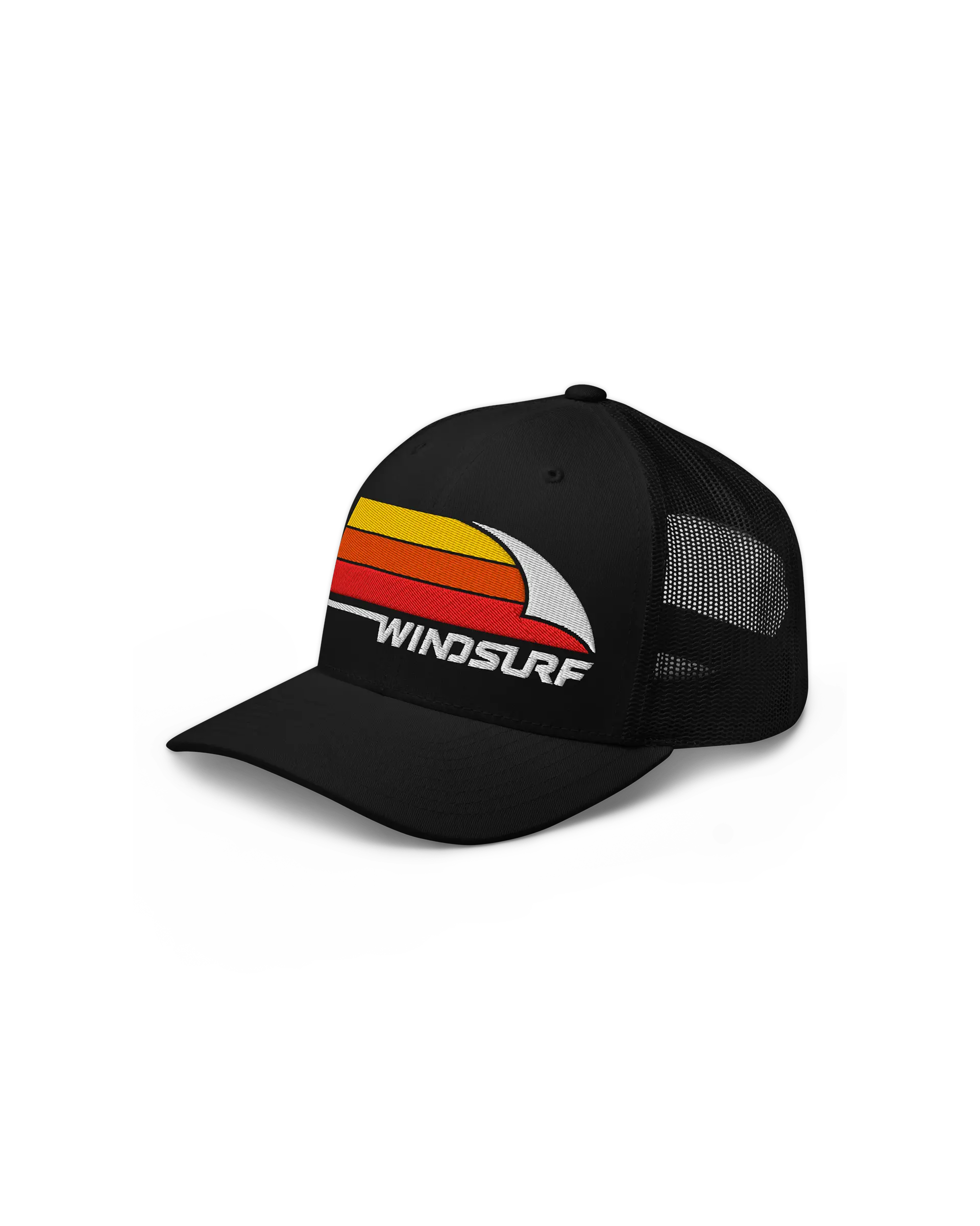Left front side view of the 6-panel Windsurf Trucker Cap featuring a bold Windsurf heritage graphic embroidery on the front.