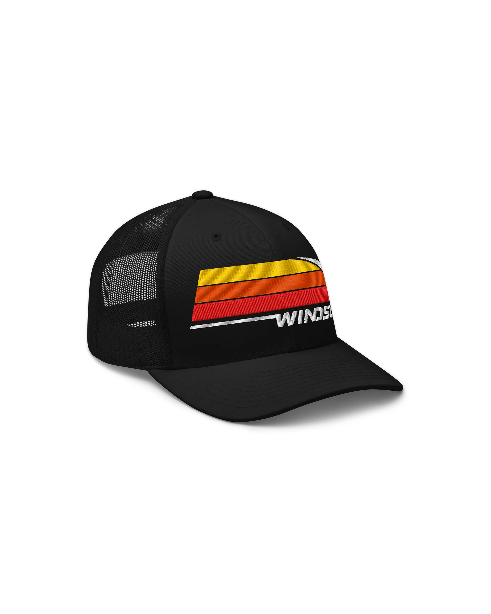 Right front side view of the 6-panel Windsurf Trucker Cap featuring a bold Windsurf heritage graphic embroidery on the front.