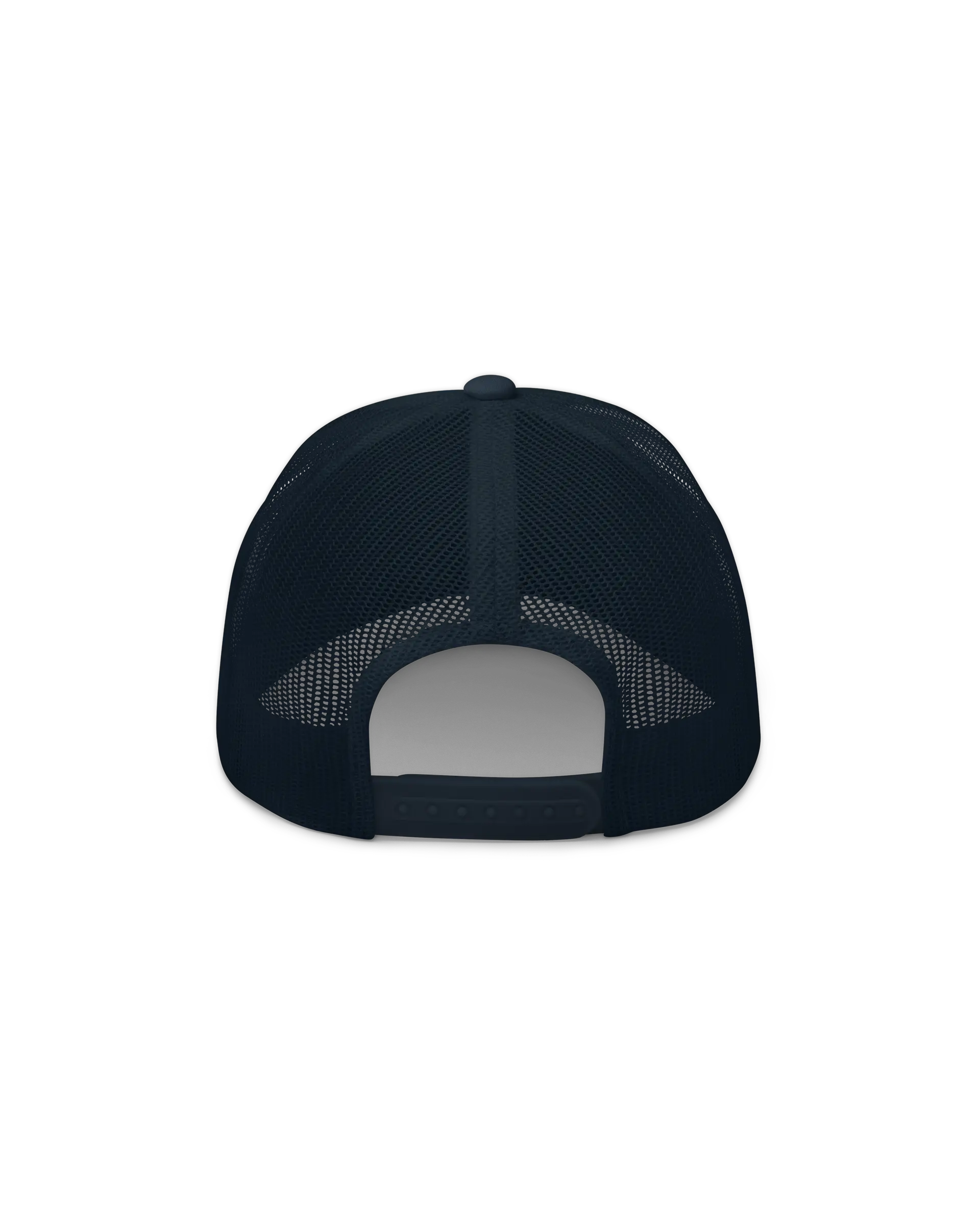 Back side view of the Navy 6-panel Windsurf Trucker Cap with a mesh back and plastic adjustable closure