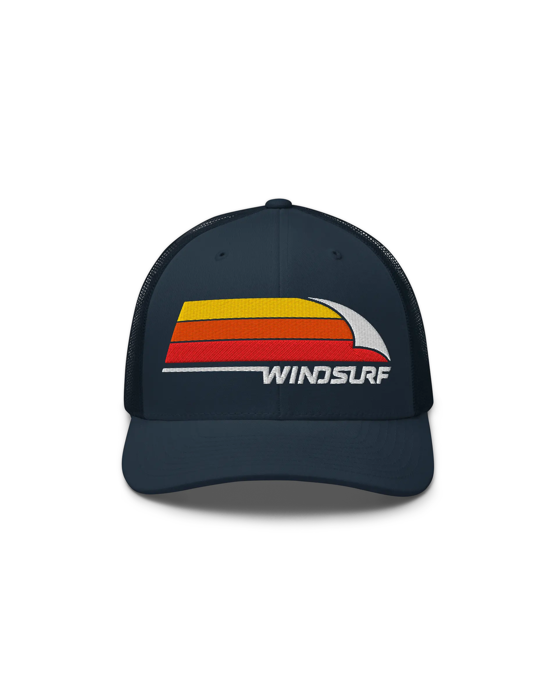 Front side view of the 6-panel Windsurf Trucker Cap featuring a bold Windsurf heritage three stripe graphic embroidery on the front.