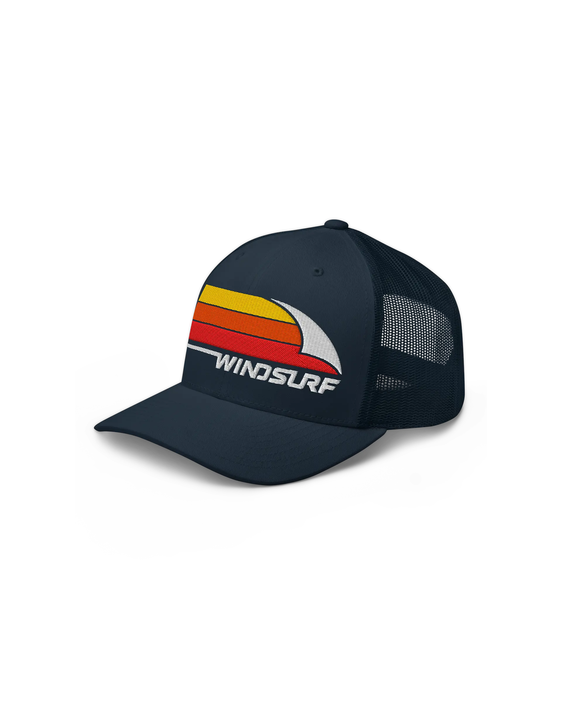 Left front side view of the 6-panel Windsurf Trucker Cap featuring a bold Windsurf heritage three stripe graphic embroidery on the front.