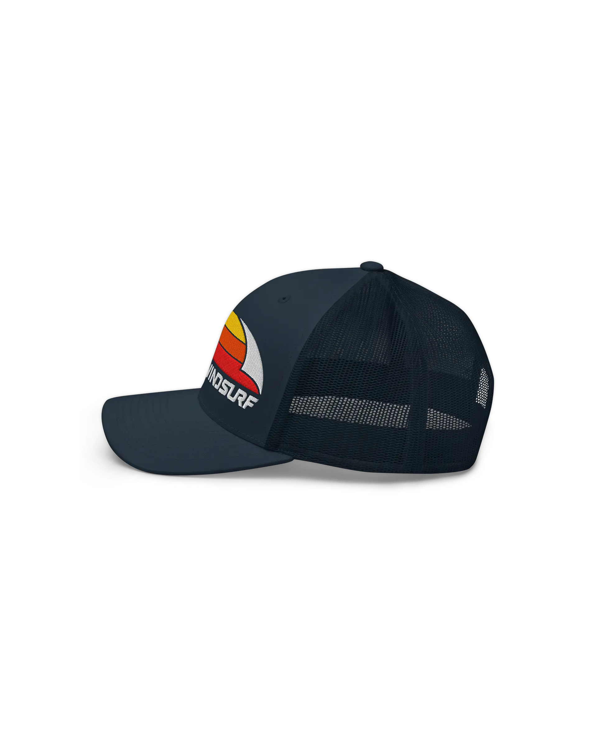 Left side view of the 6-panel Windsurf Trucker Cap featuring a bold Windsurf heritage three stripe graphic embroidery on the front.
