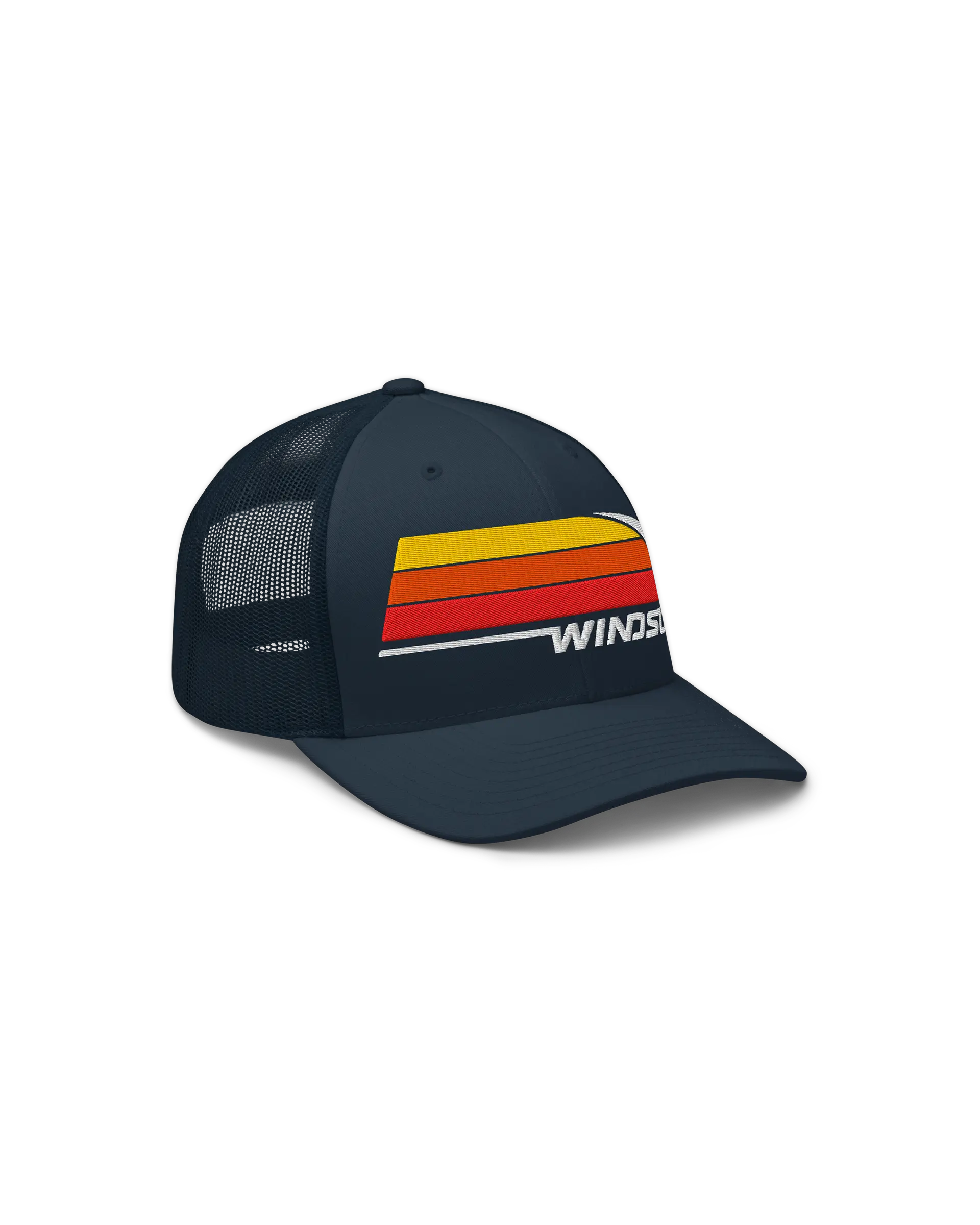 Right front side view of the 6-panel Windsurf Trucker Cap featuring a bold Windsurf heritage three stripe graphic embroidery on the front.